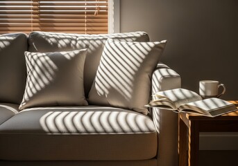 Sofa with pillows and open book on a side table illuminated by sunlight through window blinds casting shadows