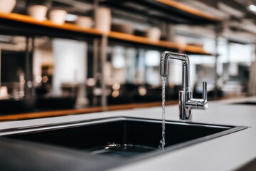 Obraz premium Water flows from a modern chrome faucet into a dark stainless steel kitchen sink