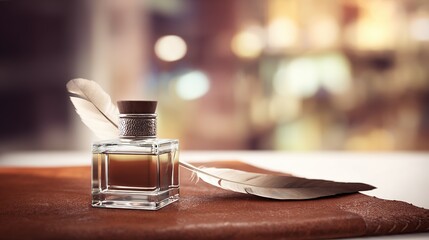 Ink bottle with feather, on brown leather surface, against bokeh background, close - up, copy space.