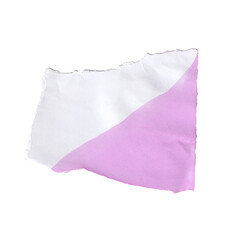 Torn paper scrap with two-tone pink and white diagonal color. Abstract ripped note with crumpled texture, isolated on a transparent background for design.