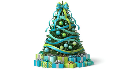 Christmas tree with blue and green ornaments and ribbons surrounded by wrapped presents isolated on white background