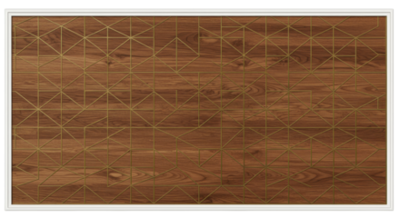 Geometric Wood Texture: Close-up of a wooden surface, adorned with an intricate gold geometric pattern. The natural grain of the wood provides a warm backdrop for the abstract design.