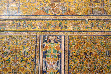 Wall ornament in the Hall of Tapestries-Salon de los Tapices, Royal Palace Alcazar, Seville, Andalusia, Spain         