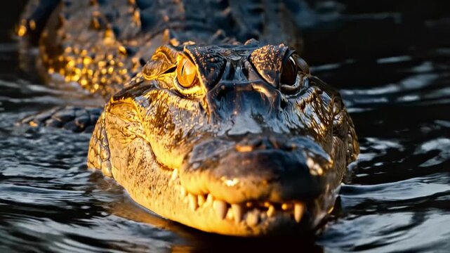 Close-up of a crocodile gliding through dark water, eyes alert, snout lit by sun. Soft glow on water