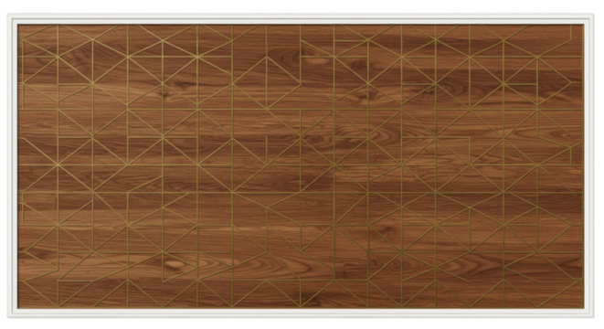 Geometric Wood Texture: Close-up of a wooden surface, adorned with an intricate gold geometric pattern. The natural grain of the wood provides a warm backdrop for the abstract design.