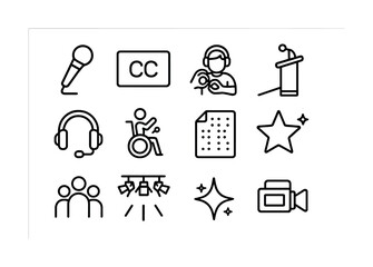 Accessibility and communication icons: microphone, headset, braille, sign language, wheelchair, closed captioning