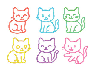 Colorful outline cartoon cats in various playful poses