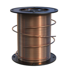 Detailed 3D rendering of a copper wire spool with intricate metallic texture and transparent background showcasing advanced manufacturing