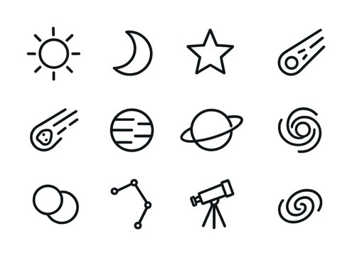 Simple line icons of astronomy elements: sun, moon, star, comet, planet, telescope