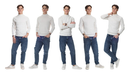 Obraz premium Young man wearing blue jeans on white background. Set of portraits