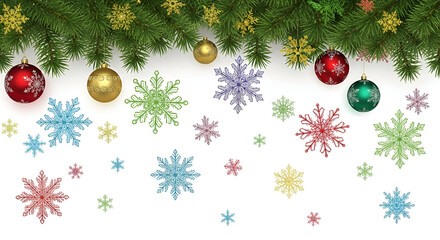 Festive Christmas border with colorful snowflakes ornaments and pine branches isolated on white background for holiday designs