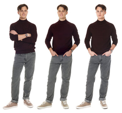 Young man wearing grey jeans on white background. Set of portraits
