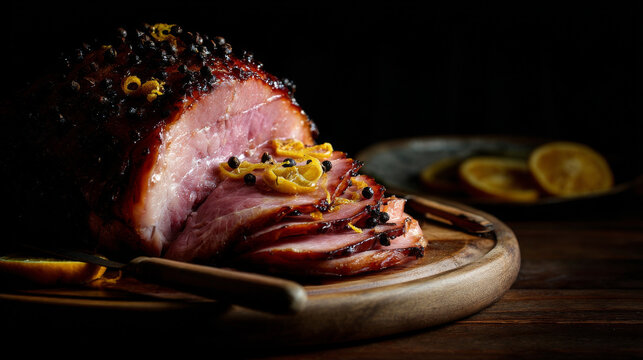 Traditional festive ham. Glazed wit honey and garnished with cloves and citrus. An indispensable part of every holiday table. Generative AI image