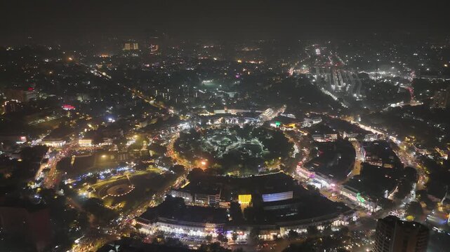 Aerial night drone shot of Connaught Place, New Delhi, India