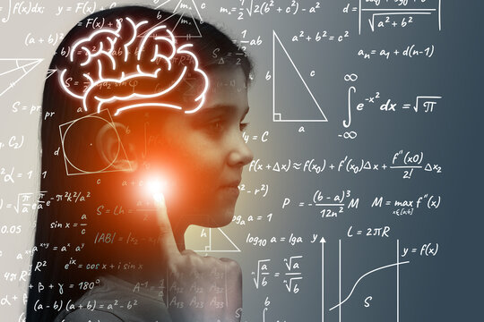 Studying science. Double exposure of child, brain and illustrations related to mathematics. Talented girl on grey background