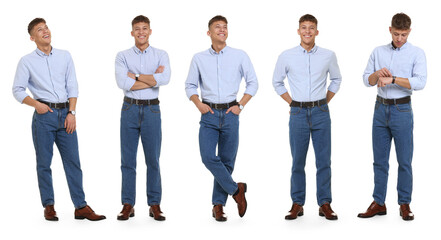 Obraz premium Young man wearing blue jeans on white background. Set of portraits
