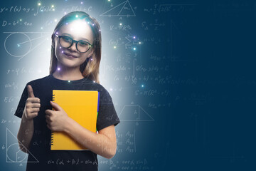 Studying science. Double exposure of child and illustrations related to mathematics. Talented girl showing thumbs-up on blue background