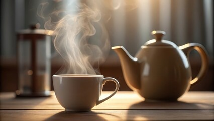 A ceramic cup of hot tea with steam rising beautifully next to a traditional teapot on a wooden table