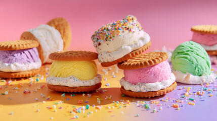 Playful homemade ice cream sandwiches with cookies and sprinkles. Generative AI image
