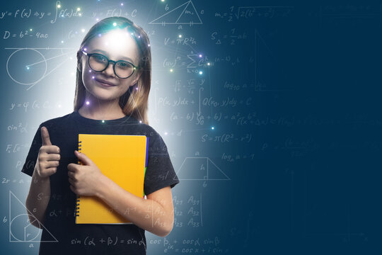 Studying science. Double exposure of child and illustrations related to mathematics. Talented girl showing thumbs-up on blue background