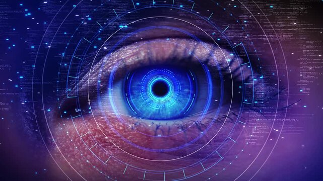 Human eye futuristic digital interface biometric scanning Eye of Modern Technology Binary Codes, Data Science, AI New Vision Future IT. Modern cyberspace innovation. node connection Business expansion