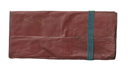 Vintage maroon document bundle with a weathered grunge texture, secured by a blue strap. Old, secret file package isolated on a transparent background.