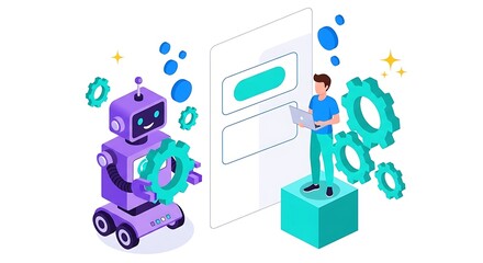 Ai ethics compliance badges robot and person working on ai interface