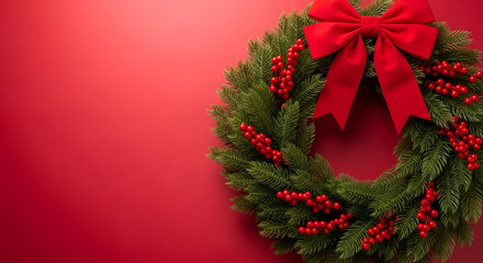 Festive Christmas wreath with red bow and berries holiday decoration on red background perfect for greeting cards and seasonal des