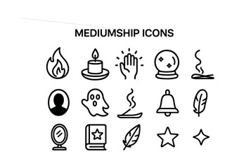 Mediumship icons: candles, crystals, ghost, feather, flame, bell, book, mirror, star