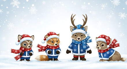 Cute cartoon animals wearing winter clothes festive vector illustration for Christmas and New Year cards isolated on snowy backgro