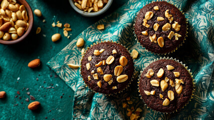 Schokoladenmuffins mit Erdnüssen auf rustikalem Hintergrund
