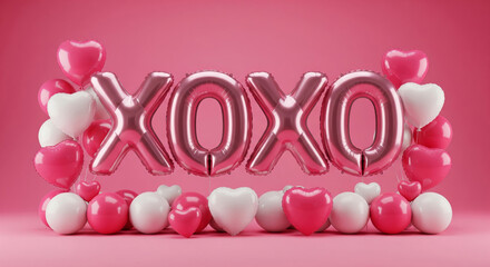 XOXO (hugs and kisses) text made of pink foil balloons.