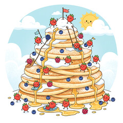 Happy strawberry characters playing on a pancake stack with syrup