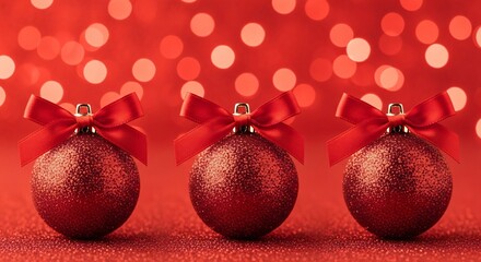 Three sparkling red Christmas ornaments with satin bows on a red background with bokeh lights