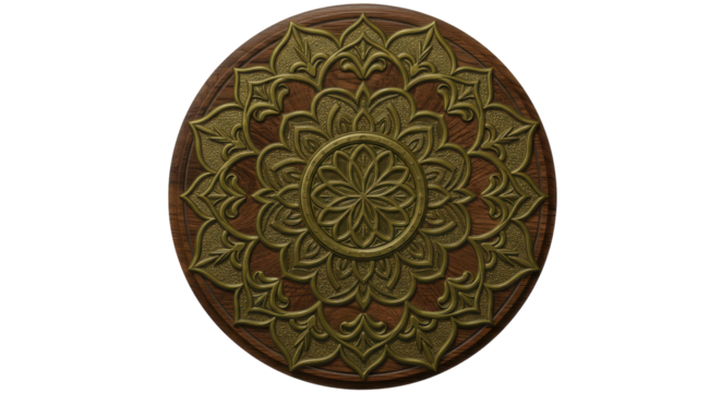Ornate Mandala Artistry: A beautifully crafted mandala in bronze and wood tones, symbolizing harmony and spirituality, invites contemplation and aesthetic appreciation.