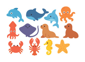 Colorful cartoon marine animals collection with dolphin, octopus, and starfish