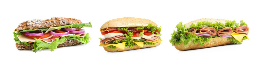 Set with delicious sandwiches of ciabatta on white background