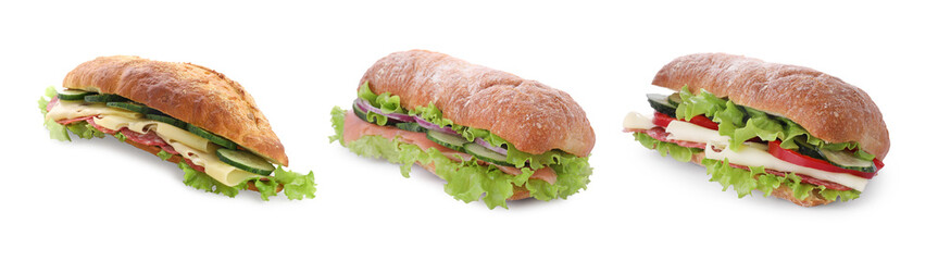 Set with delicious sandwiches of ciabatta on white background