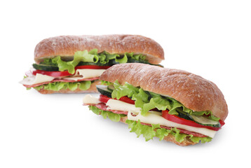 Delicious sandwiches of ciabatta on white background