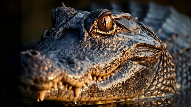 Close-up of a crocodile head, half-submerged, snarling teeth gleaming in moody light. Dramatic hues