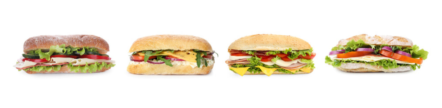 Set with delicious sandwiches of ciabatta on white background