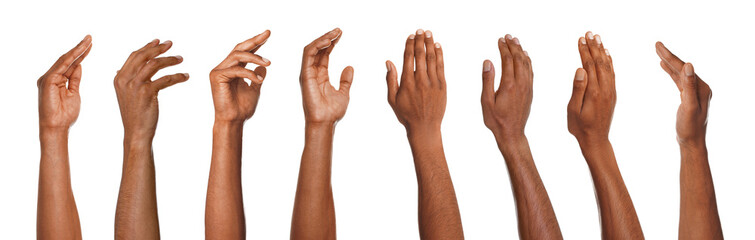 Man showing hand on white background, set. Different sides