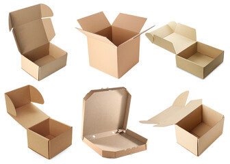 Open cardboard boxes isolated on white, set. Different sides of packagings
