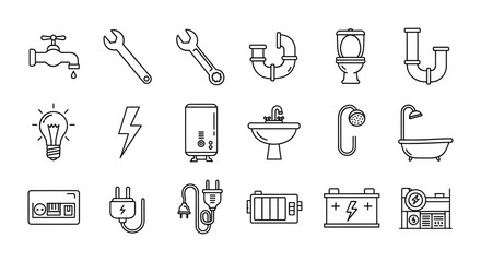 Line art illustration of plumbing and electrical fixture icons set