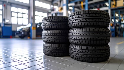 Stacks of New Car Tires on the Floor of an Automotive Service Center