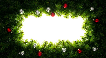 Christmas frame with pine branches and ornaments festive holiday background perfect for greeting cards and seasonal designs