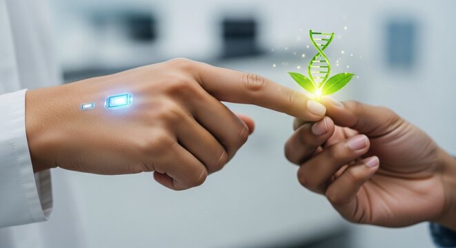 Hands interacting with a glowing DNA strand intertwined with leaves and digital battery icons - Powered by Adobe
