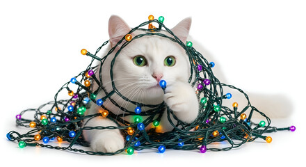 White cat tangled in colorful Christmas lights a playful holiday scene isolated on white