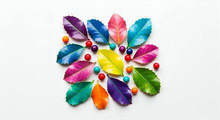 Colorful leaves and candy arranged on white vibrant and playful flat lay perfect for seasonal backgrounds and creative projects