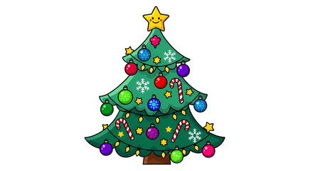 Cartoon Christmas tree illustration decorated with ornaments and candy canes festive vector graphic isolated on white background